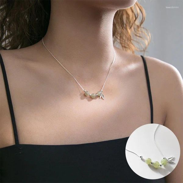 Pingentes 925 colar geométrico de jade de prata esterlina para mulheres meninas simples bambu folhas de folhas de jóias de jóias gotas de presente