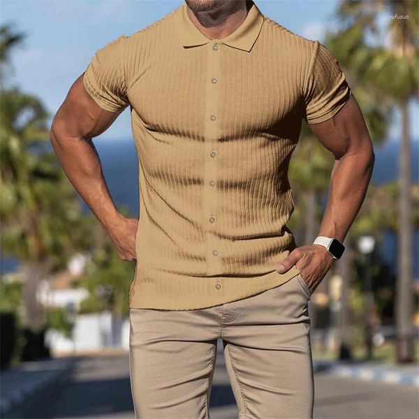 Polo da uomo Father Sons Camicia POLO classica a coste nere Manica corta Sport estivi T-shirt elasticizzate allentate casual Fondo fitness