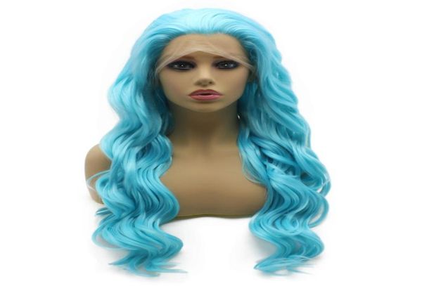 24quot Longo Azul Ondulado Peruca Resistente Ao Calor Cabelo Sintético Lace Front Cosplay Wig7016528