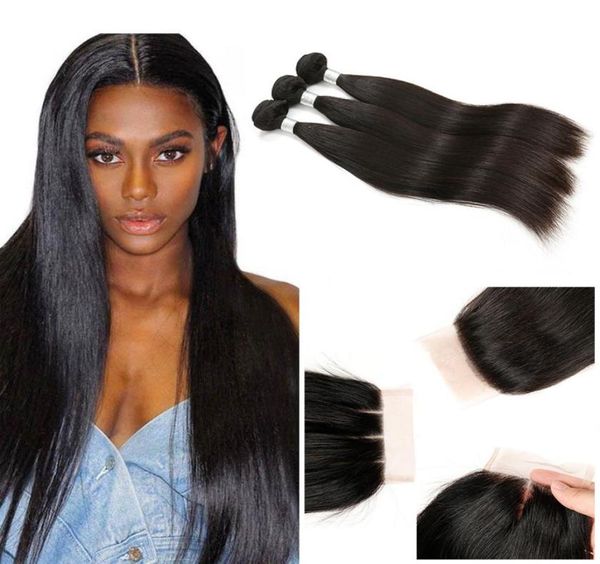 Gerade Reines Haar 3 Bundles Mit 44 Spitze Verschluss 9A Brasilianische Menschliche Haarwebart Bundles Mit Seide Basis Verschluss MiddleThre2559885