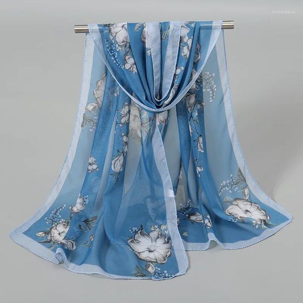 Sciarpe 2024 Spagna Moda Bianca Pura Seta Floreale Scialle In Chiffon Sciarpa Lady Stampa Sottile Morbido Estate Beach-up Foulard Avvolgenti Sjaal 150 50Cm