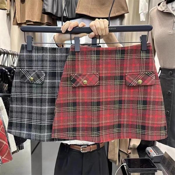 Saias chiques bolsos botões de lã mulheres moda casual xadrez saia elegante senhoras cintura alta uma linha mini faldas t621