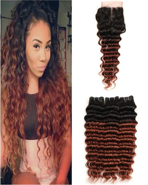 Dark Auburn Ombre Deep Wave Peruanische Menschenhaar-Webart-Bündel mit Verschluss 1B33 Kupferrotes Menschenhaar-Spitzenverschluss 4x4 mit Bund5534874