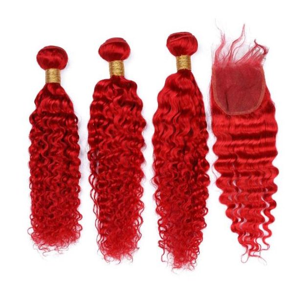 Profundo onda encaracolado indiano virgem cabelo humano brilhante vermelho tecer pacotes com fechamento vermelho colorido ondulado cabelo tramas com 4x4 laço superior closu4874967