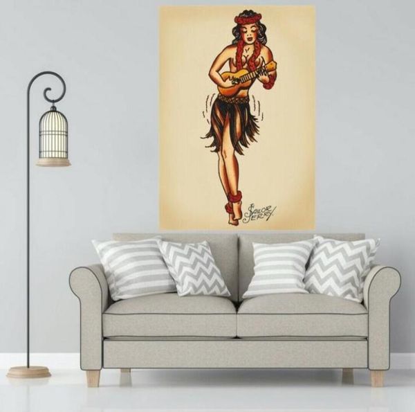 Sailor Jerry Tattoo Aloha Kız Resimleri Sanat Film Baskı İpek Poster Ev Duvar Dekoru 60X90CM9346118