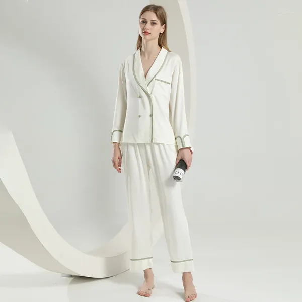 Pijamas femininos primavera outono calças ternos estilo francês feminino 2 pçs pijamas conjunto com decote em v branco casa wear solto casual cetim loungewear