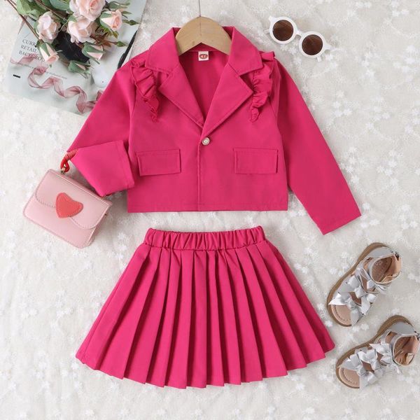 Set di abbigliamento Set per ragazza Versione coreana Inverno College Lace Splicing Risvolto Manica lunga Blazer Gonna a pieghe 2 pezzi Abbigliamento per bambini