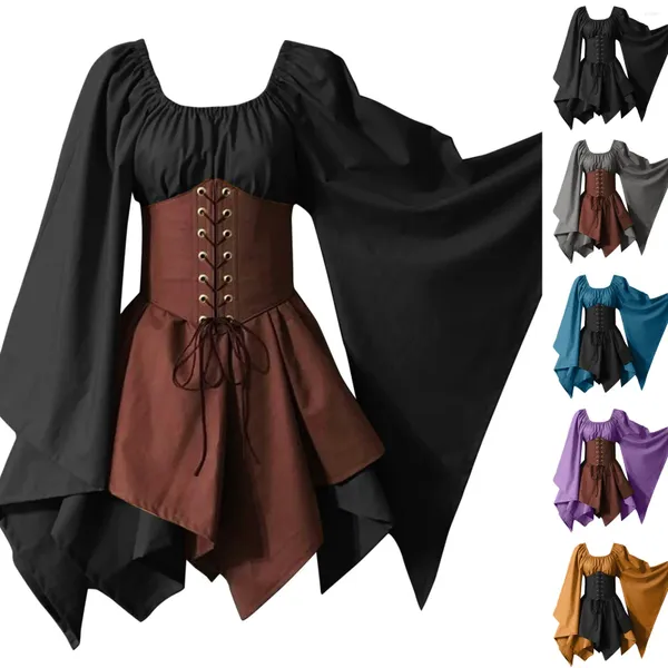 Vestidos casuais mulheres adultas medieval elf fada elven S-5XL traje wench princesa vestido rendas até cintura cincher espartilho conjunto irregular