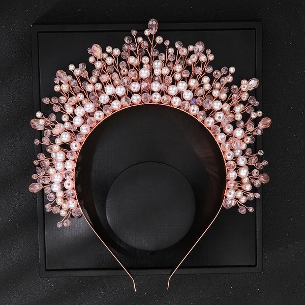 Perla di cristallo Fascia per capelli da sposa Corona Ornamenti per donna Fatti a mano Rosa Accessori per capelli da sposa Gioielli Festa Sposa Copricapo Diademi 240102