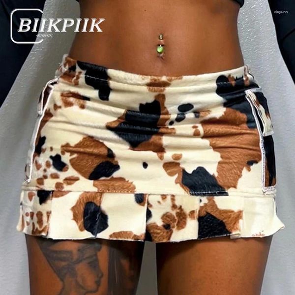 Gonne BIIKPIIK Stampa animalier Mini gonna avvolgente con colori a contrasto Tasche alla moda Velluto a vita bassa per le donne Fondo sexy Clubwear