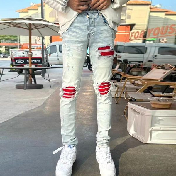 Erkek kot sokak kıyafeti moda erkekler retro açık mavi streç sıska uyum yırtık kırmızı yamalı tasarımcı hip hop pantolon homme