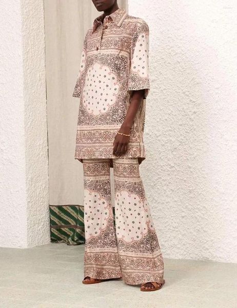 Pantalones de dos piezas para mujer Colección Paisley 2024 de lino de alta calidad Estampado floral Media manga Blusa larga suelta y conjuntos de llamaradas para mujer