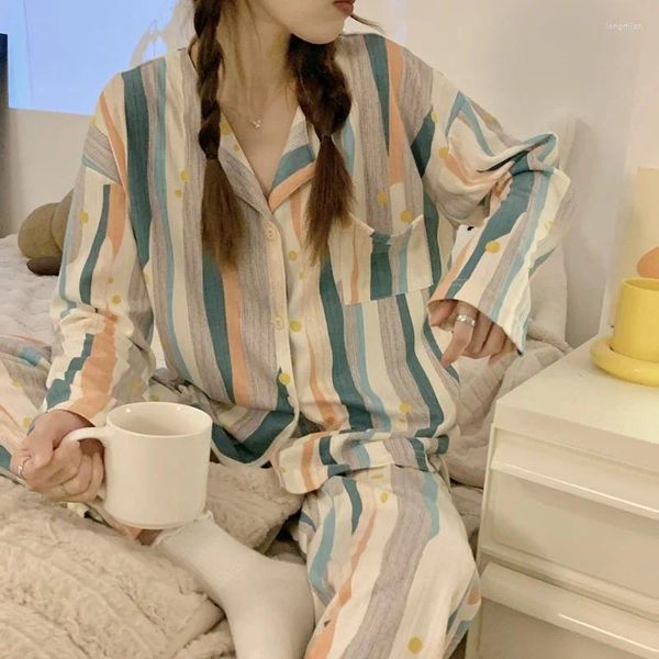 Mulheres sleepwear 2024 manga longa pijama conjunto outono lounge algodão mulheres primavera casa roupas casuais meninas nightwear cardigan terno