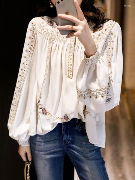 Damenblusen Damenhemd Weiß Frühling Herbst In Bluse Femmes Stehkragen Tops Bedruckt Retro Folk Bohemia Chic Elegante Kleidung