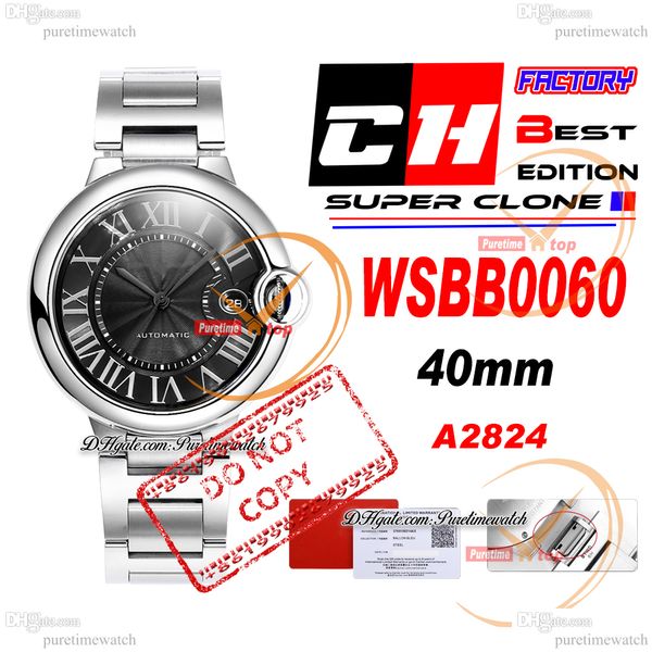 CHF WSBB0060 A2824 Relógio masculino automático 40 mm Textura cinza mostrador pulseira de aço inoxidável Melhor edição 36 mm 33 mm Relógios femininos de quartzo suíço 26 estilos Puretime B01