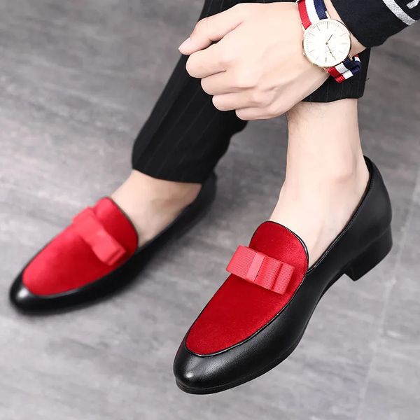 9 luxo bowknot vestido sapatos masculinos apartamentos mocassins preto couro vermelho camurça homens casamento formal 240102