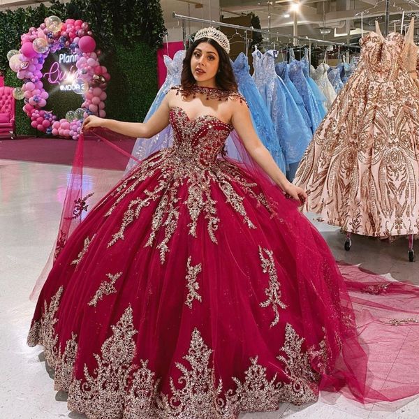 Vestidos quinceanera vermelhos, amor, para 16 meninas, ombro de fora, apliques, contas de renda com capa, princesa, vestidos de baile, aniversário, baile