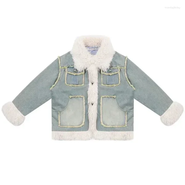 Casacos de Trench das Mulheres Discvry Mulheres Colarinho de Pelúcia Patchwork Design Solto Denim Jaqueta Azul Outono Inverno Feminino Casaco de Lã Quente Manga Longa