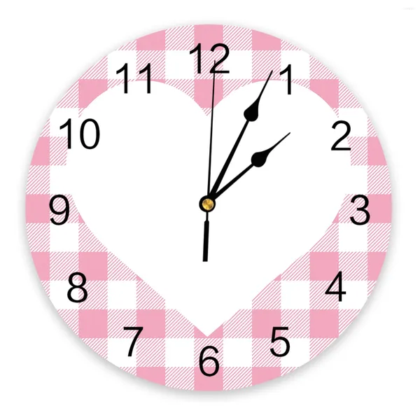 Relógios de parede rosa xadrez amor coração relógio design moderno sala de estar decoração cozinha arte relógio decoração de casa