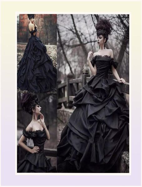 Vintage preto vestido de baile vestidos de casamento fora do ombro comprimento total longo babados em cascata e ruched gótico vestidos de noiva 2022 me9110721