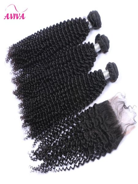 Russian Kinky Curly Jungfrau Haare mit Verschluss 4 PCSLOT unverarbeitet russische lockige Haarbündel mit Top -Spitzenverschluss3785703
