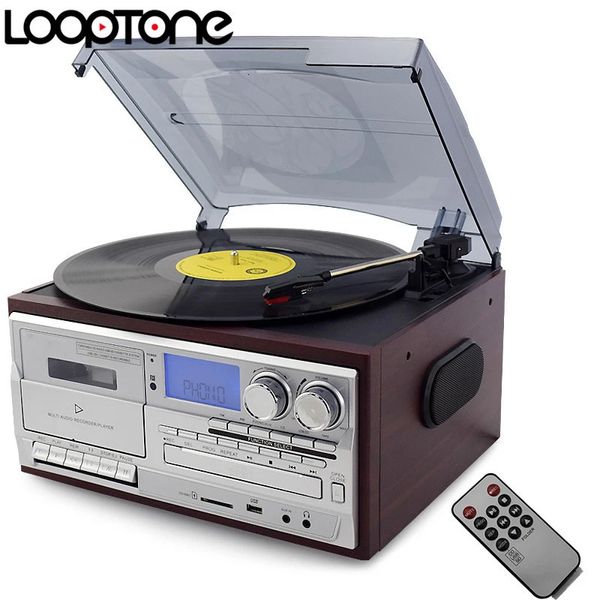 LoopTone Giradischi compatibile con Bluetooth a 3 velocità Giradischi in vinile LP Grammofono vintage Cassetta fono CD Radio FM/AM USB REC 240102