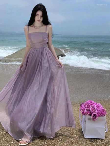 Vestidos casuais verão roxo fada festa de noite vestido longo mulheres vintage sexy senhoras espaguete cinta tule plissado sem costas