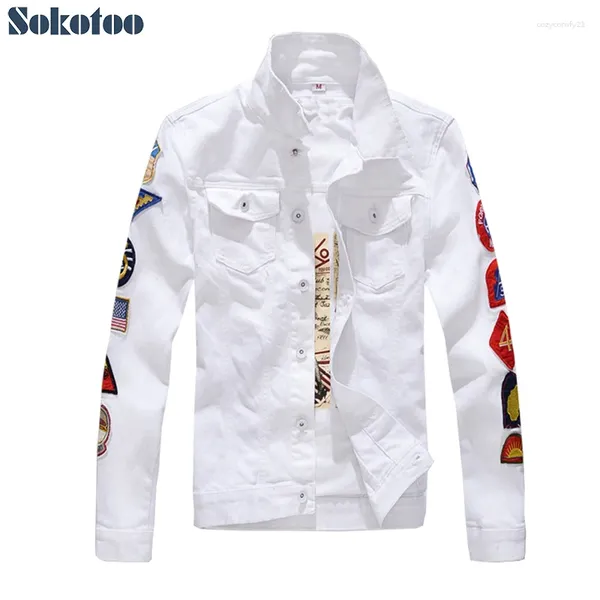 Herrenjacken Sokotoo Patches Design Slim Fit Jeansjacke Weiß Armeegrün Patchwork Mantel Oberbekleidung für Männer