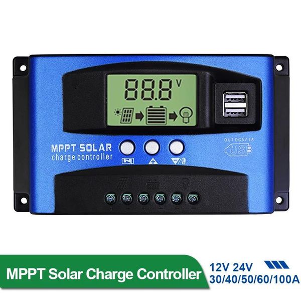 Acessórios 30/40/50/60/100A MPPT Controlador de Carga Solar Dual USB Display LCD 12V/24V Auto Painel de Célula Solar Carregador Regulador de Carga