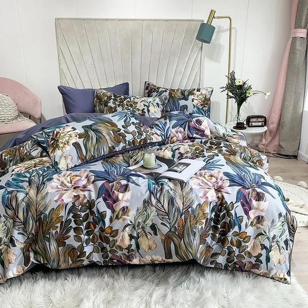 set TUTUBIRDLuxury biancheria da letto in cotone egiziano europeo Biancheria da letto in raso morbido copripiumino floreale pastorale federe copriletto 4 pezzi set T