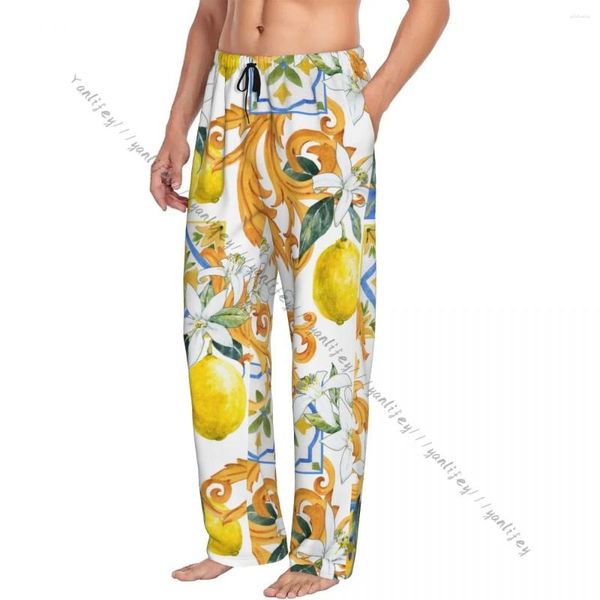 Homens sleepwear solto calças de sono pijamas monogramas dourados e flores de limão longo lounge bottoms casual homewear