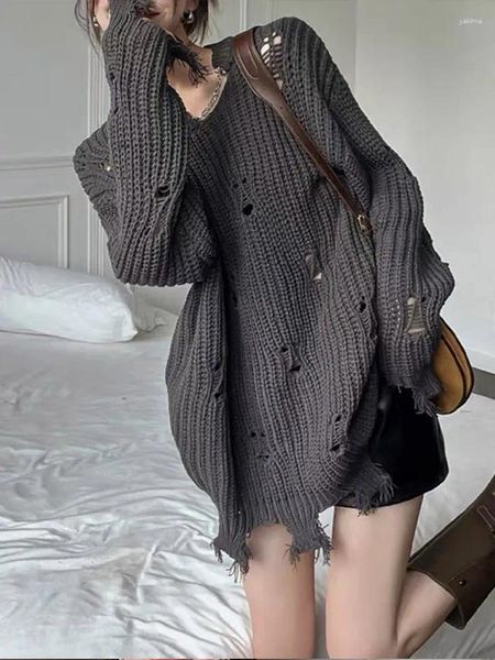 Maglioni da donna Versione coreana Scava fuori il buco Donna Pullover lavorato a maglia Maniche lunghe O-Collo Frange Maglione Top Allentato Autunno Femminile Chic