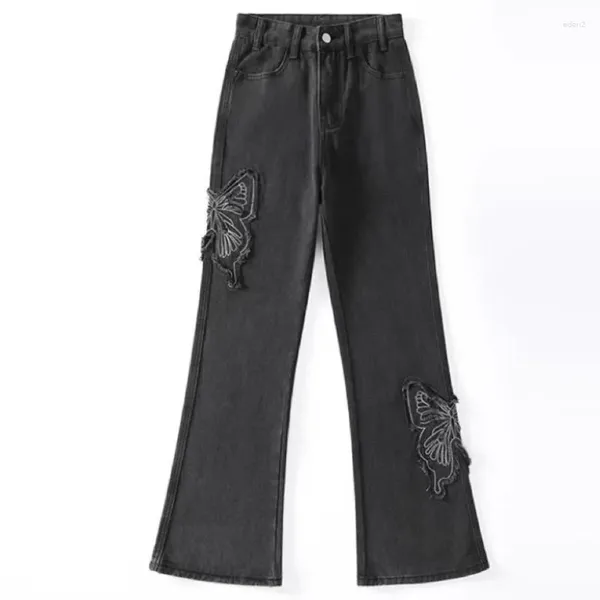Jeans da donna Ricamo a farfalla nera Vita alta americana Lavata da donna Pantaloni Y2k Pantalones a zampa d'elefante Denim Vintage dritto