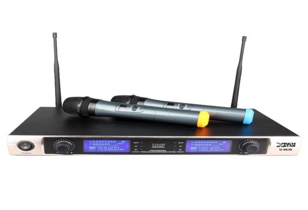 U8630 Sistema microfonico wireless UHF per karaoke Microfono Inalambrico Ricevitore cordless professionale a doppio canale 2 x microfono portatile Vo6087115