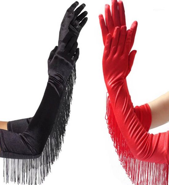 Dans Performansı Mittens Moda Püskülleri Uzun Saten Eldivenleri Kadın Opera Akşam Partisi Kostümü 3 Renkler Siyah Beyaz Red8015374