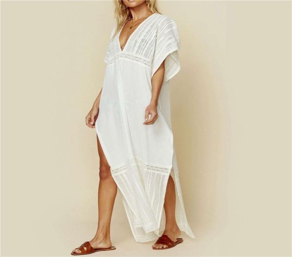 Vestido de praia feminino, roupa de praia, cobertura, túnica de algodão branco, biquíni, saída de banho, sarong, plage, pareo q10017754605