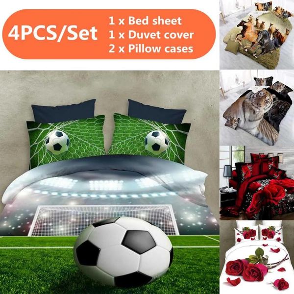 Conjuntos 4 pçs 3d futebol conjuntos de cama conjunto roupas para crianças adultos cama capa edredão folha fronha capa edredão