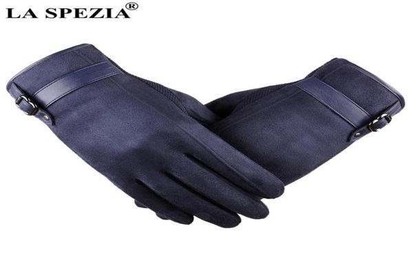 SPEZIA Мужские замшевые перчатки с сенсорным экраном Мужские темно-синие бархатные перчатки Термальные однотонные лоскутные кожаные осенне-зимние варежки Мужские 2010203457137