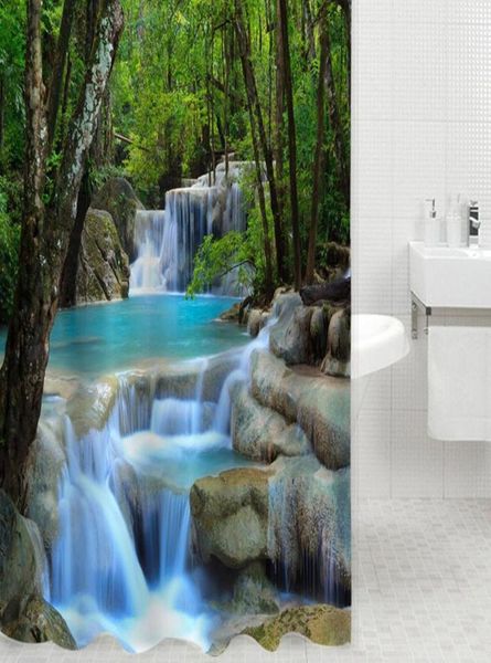 Cortina de chuveiro 3D durável Maravilhas Cachoeiras Verde Natureza Cenário Banheiro Tecido de poliéster à prova de mofo com tecido poliéster4308089