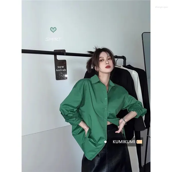 Camicette da donna VANOVICH Stile Coreano Retro Colletto POLO Camicia a maniche lunghe Donna 2024 Autunno Allentato Sottile Casual Verde monopetto