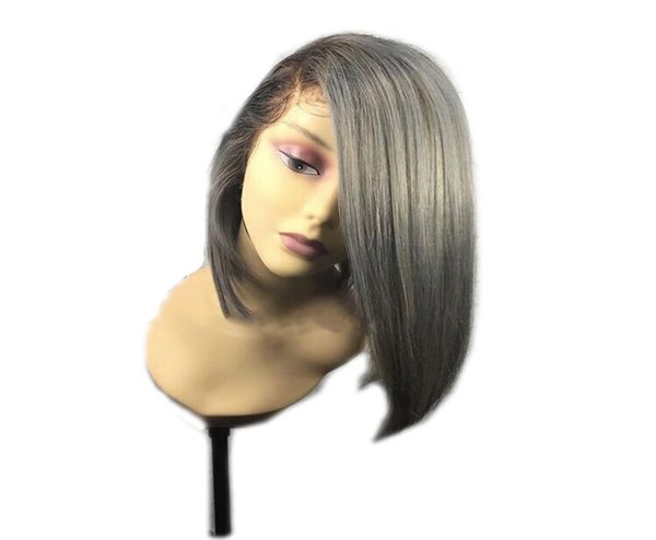 Ombre preto para prata cinza peruca parte lateral bob peruca sintética peruca dianteira do laço resistente ao calor perucas curtas para mulheres 3370444