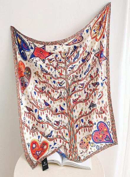 90 см ручной скрученный шелковый шарф из твила для женщин с мультяшным принтом большого дерева, завитые квадратные шарфы Echarpes Foulards Femme Wrap Bandana X5880730