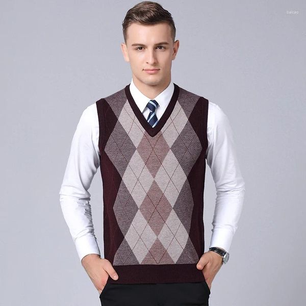 Coletes masculinos de alta qualidade masculino retalhos cor lã camisola colete outono inverno homens argyle padrão sem mangas cashmere