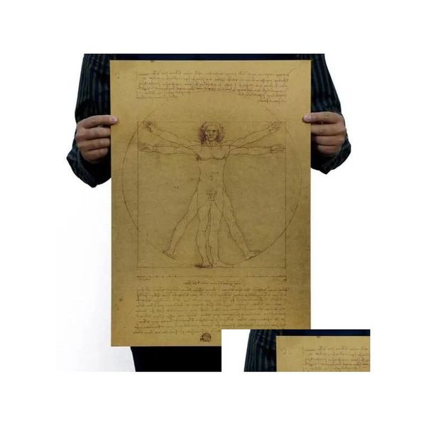 Artes e artesanato Leonardo da Vinci Manuscritos Vitruvian Man Vintage Kraft Paper Movie Poster Decoração de casa Decalques de parede Arte DIY Retro Pr Dhrsz