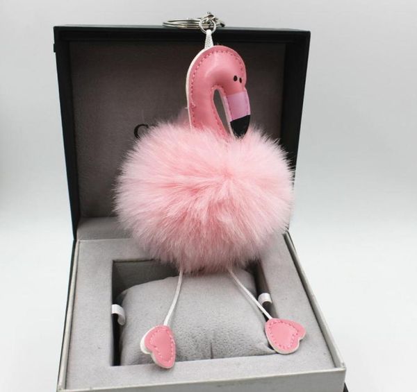 Heißer Verkauf Flamingo Pompom Schlüsselbund Schöne y Künstliche Kaninchen Fell Ball Schlüssel Kette Tier Vogel Frauen Auto Tasche Schlüssel Ring5744615