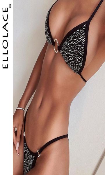 Ellolace Sexy Diamant Unterwäsche BH Party Set Frauen DeepV Halter Sets Weibliche 2 Stück lette und Tanga Mode Schwarz WeißX11224175151