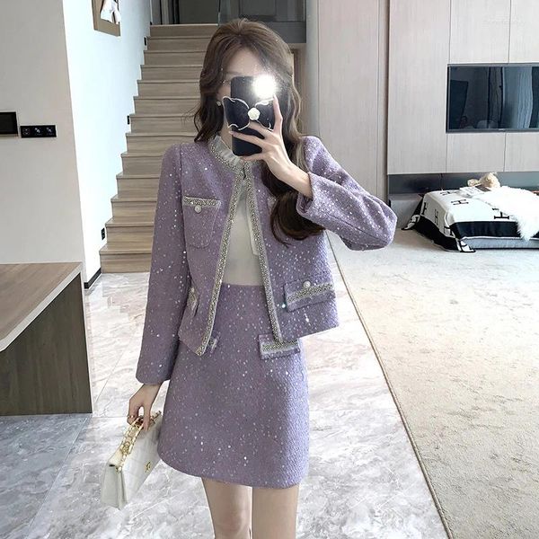 Vestidos de trabalho 2024 outono roxo pequena fragrância tweed conjunto de duas peças mulheres jaqueta curta casaco saia ternos coreano 2 conjuntos roupa