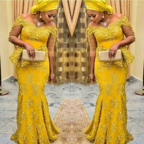 Abiti da festa Vintage oro giallo Aso Ebi Prom Sirena in pizzo con spalle scoperte Abito da sera taglie forti Abiti da sposa da donna africani