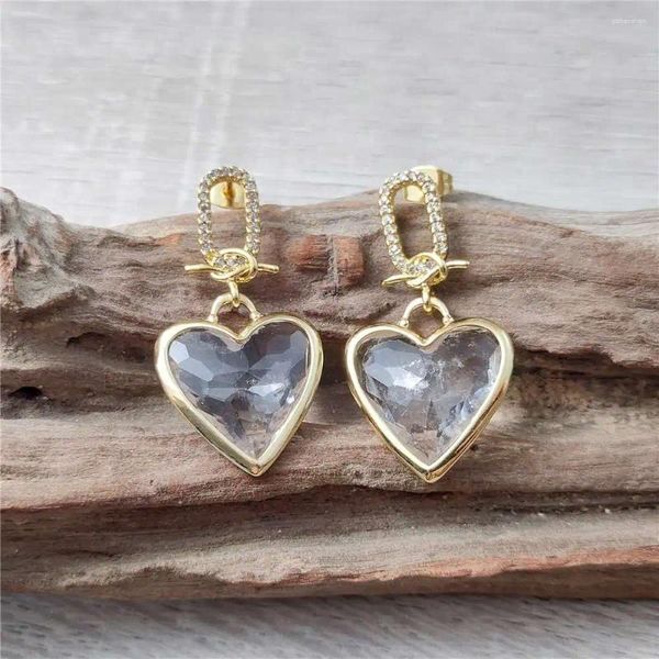 Dangle Küpeler Fuwo Toptan Kübik Kübik Zirkon Clear Quartz Altın Kaplamalı Kalp Şekleli Kristal Yüzlü Takı ER475CZ-1 5 KAYIT/LOT