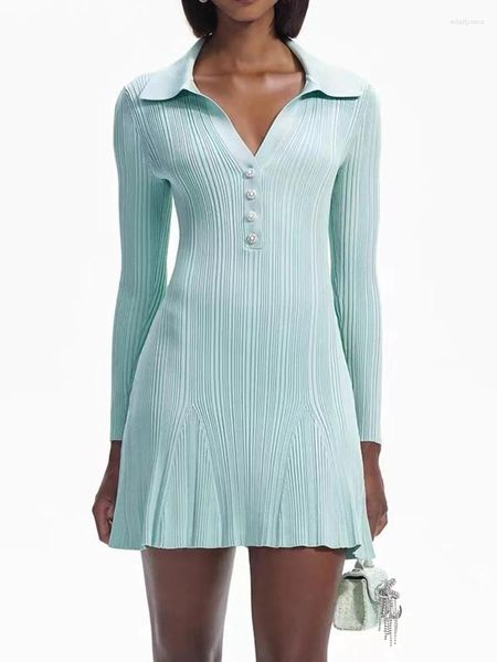 Casual Kleider 2024 Mode Mint Grün Gestrickte Mini Kleid Frauen Elegante Temperament Polo Kragen Elastische Taille Kurze Robe Damen
